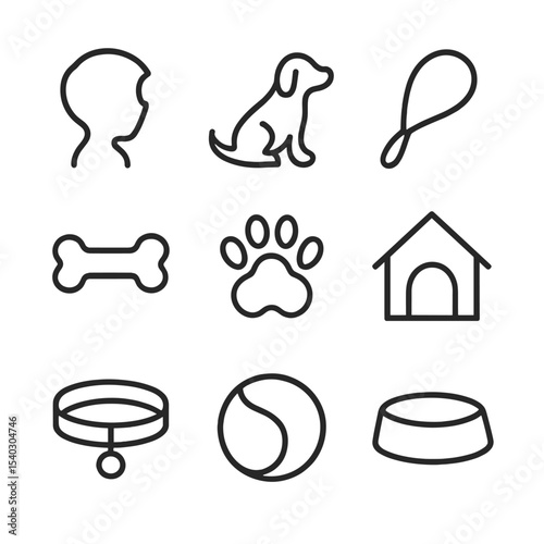 Pets and Kids Icons. Outline icon set of children with pet dogs portraits: child silhouette, dog silhouette, leash, bone, paw