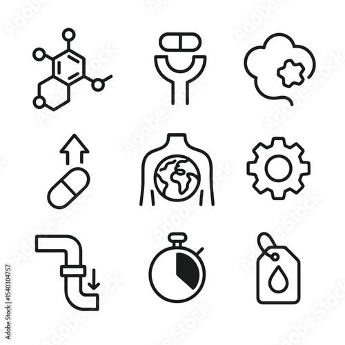 Pharmacology Icon Set. Outline icon set of pharmacology concepts: molecular structure, receptor binding site, enzyme icon,
