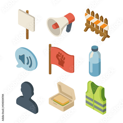 Picket Line Essentials Icons. Isometric Flat icon set of picket line essentials: protest sign, megaphone, picket fence barrier,