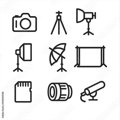 Photography Studio Icons. Outline icon set of photography and video studio: DSLR camera, tripod, studio light, softbox, umbrella