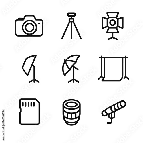 Photography Studio Icons. Outline icon set of photography and video studio: DSLR camera, tripod, studio light, softbox, umbrella