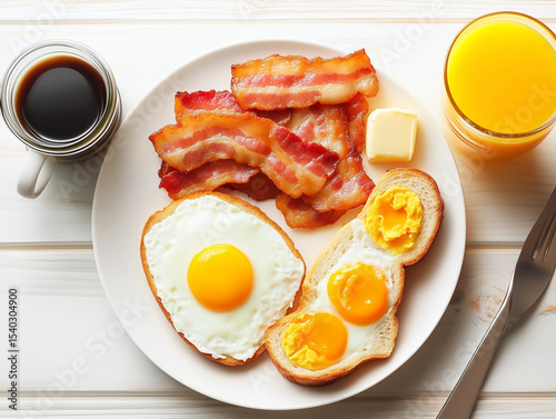 Delicious breakfast with sunny side up eggs, bacon, and orange juice photo