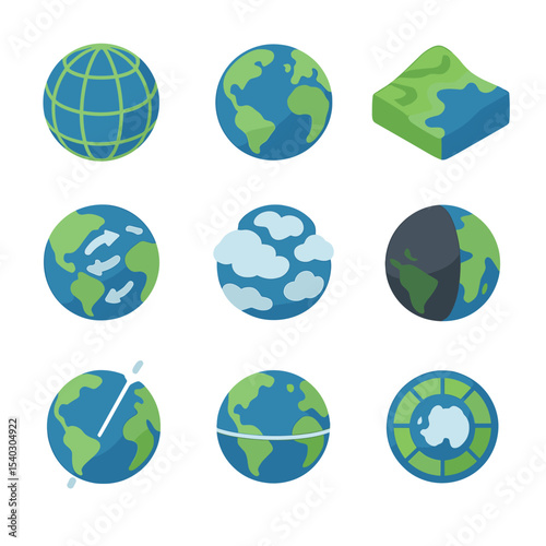 Planetary Icons Grid. Isometric Flat icon set of planetary views: globe with meridians, satellite Earth view, topographic relief