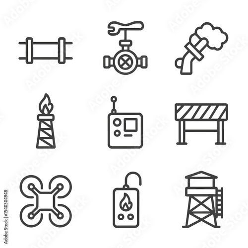 Pipeline Fire Icon Set. Outline icon set of pipeline fire intervention: pipeline segment, valve wrench, foam injection nozzle,
