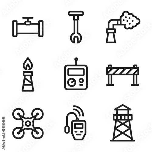 Pipeline Fire Icon Set. Outline icon set of pipeline fire intervention: pipeline segment, valve wrench, foam injection nozzle,