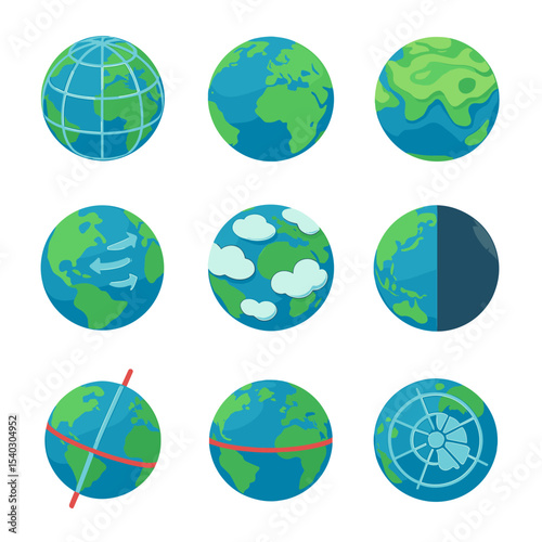 Planetary Icons Grid. Isometric Flat icon set of planetary views: globe with meridians, satellite Earth view, topographic relief