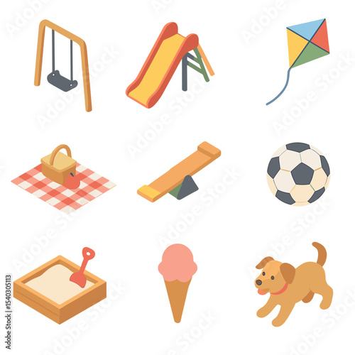Playful Park Icons. Isometric Flat icon set of children playing in park: swing set, slide, seesaw, kite, picnic blanket, soccer