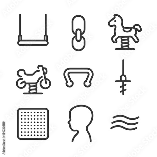 Playground Icon Set. Outline icon set of swings and spring riders: swing seat, swing chain, spring rider horse, spring rider