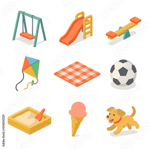 Playful Park Icons. Isometric Flat icon set of children playing in park: swing set, slide, seesaw, kite, picnic blanket, soccer