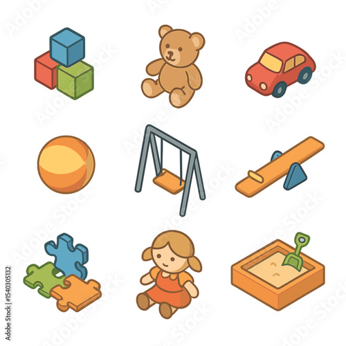 Playtime Icon Set. Isometric Flat icon set of Playtime and Toys: building blocks, teddy bear, toy car, ball, swing, seesaw, puzzle