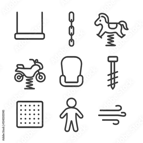 Playground Icon Set. Outline icon set of swings and spring riders: swing seat, swing chain, spring rider horse, spring rider