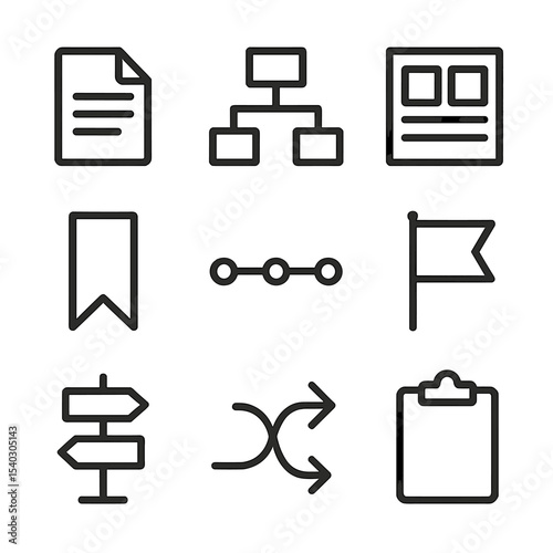 Plot Structuring Icons. Outline icon set of plot structuring: outline document, flowchart, storyboard, chapter marker, timeline