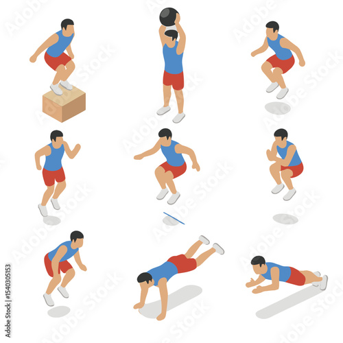 Plyometric Exercise Icons. Isometric Flat icon set of plyometric exercises: box jump, medicine ball slam, jump squat, bounding,