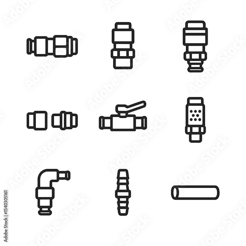 Pneumatic Hose Couplings Icons. Outline icon set of pneumatic hose couplings: push-to-connect fitting, air hose quick coupler,