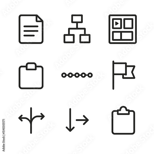 Plot Structuring Icons. Outline icon set of plot structuring: outline document, flowchart, storyboard, chapter marker, timeline
