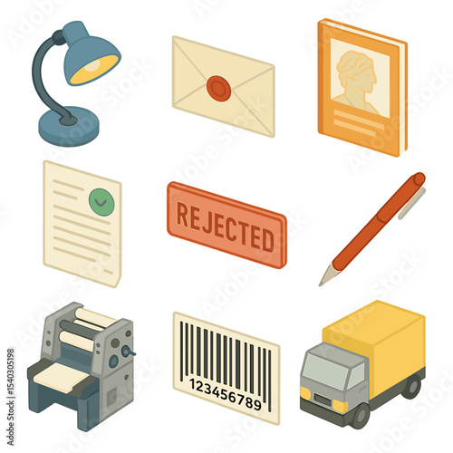 Poetry Publishing Icons. Isometric Flat icon set of Poetry Publishing and Journals: editorial desk lamp, submission envelope,