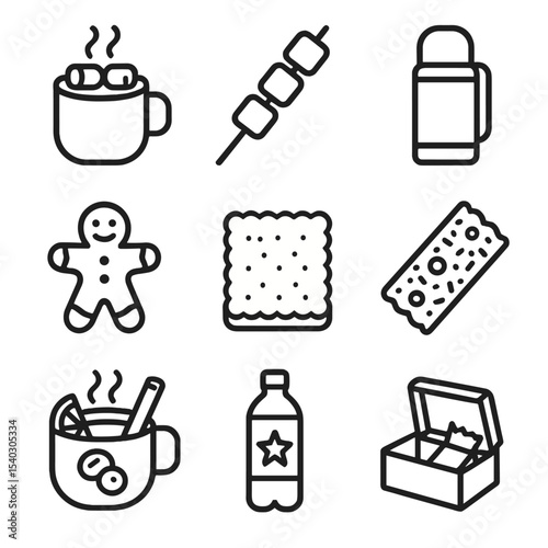 Post-Sled Refreshments Icons. Outline icon set of post-sled refreshments: hot cocoa mug, marshmallow skewer, thermos flask,