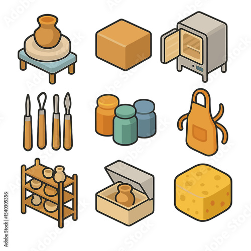 Pottery Studio Icons. Isometric Flat icon set of pottery studio: pottery wheel, clay block, kiln, glaze jars, sculpting tools,