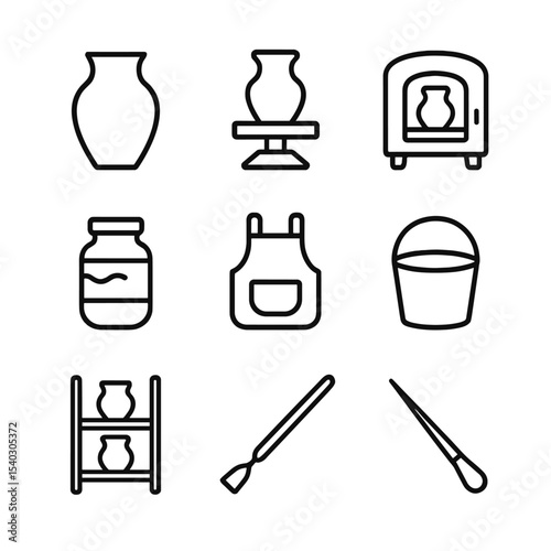 Pottery Icon Set. Outline icon set of pottery and ceramics: clay pot, pottery wheel, kiln, sculpting tool, glaze jar, apron, water