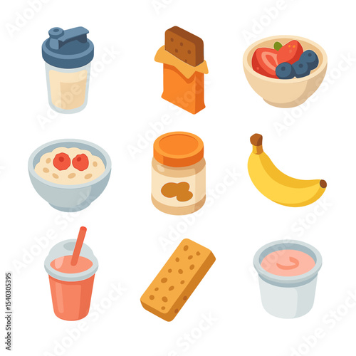 Pre-Workout Nutrition Icons. Isometric Flat icon set of pre-workout nutrition: protein shake, energy bar, fruit bowl, oatmeal bowl