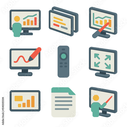 Isometric Presentation Icons. Isometric Flat icon set of screen sharing and presentations: presenter view, slide deck, laser