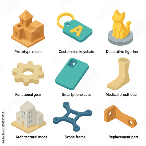 3D Printed Icons. Isometric Flat icon set of 3D printed objects: prototype model, customized keychain, decorative figurine,