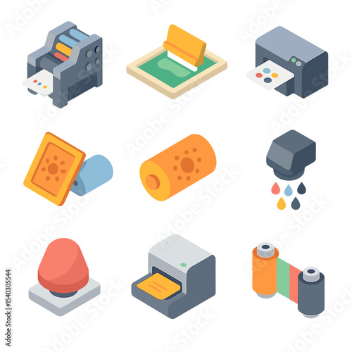 Printing Techniques Icons. Isometric Flat icon set of printing techniques: offset press, screen printing frame, digital printer,