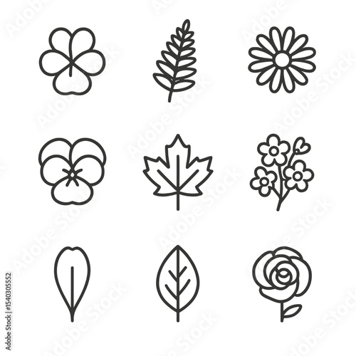 Pressed Flower Icons. Outline icon set of pressed flower art: violets petals, fern leaflet, daisy blossom, pansy face, maple leaf,