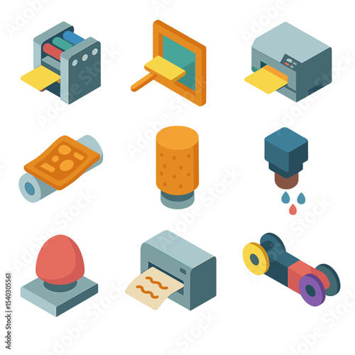 Printing Techniques Icons. Isometric Flat icon set of printing techniques: offset press, screen printing frame, digital printer,