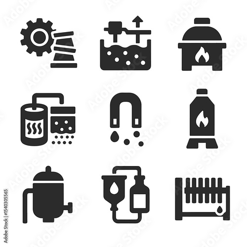 Processing Technique Icons. Solid, Filled icon set of processing techniques: crushing mill, flotation cell, smelting furnace,