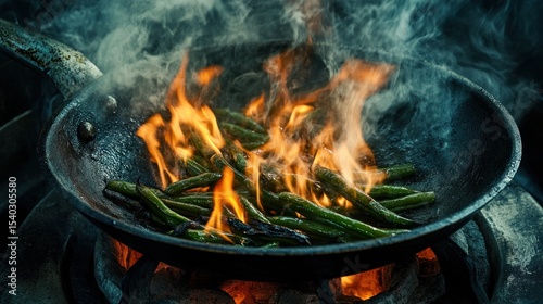 Green beans stir-fried with flames
