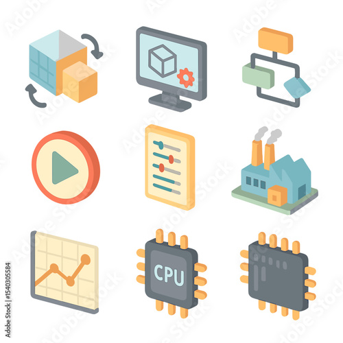 Process Simulation Icons. Isometric Flat icon set of process simulation: digital twin model, simulation software icon, flowchart