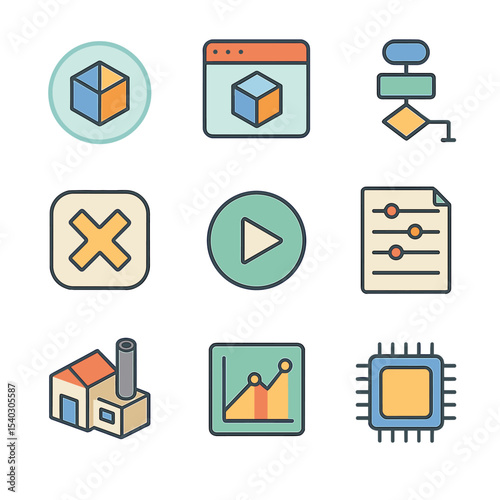 Process Simulation Icons. Isometric Flat icon set of process simulation: digital twin model, simulation software icon, flowchart
