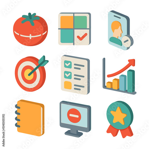 Productivity Techniques Icons. Isometric Flat icon set of productivity techniques: pomodoro timer, Eisenhower matrix, focus mode,