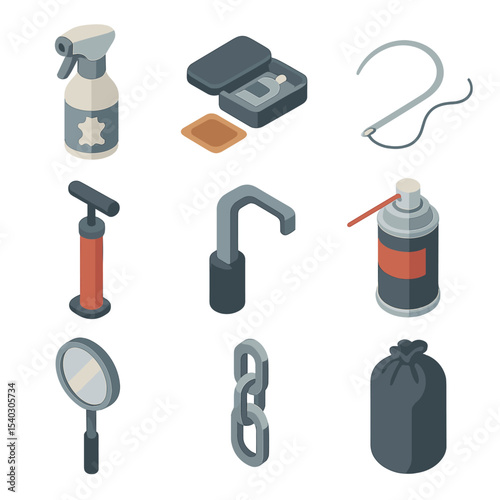 Punching Bag Maintenance Icons. Isometric Flat icon set of punching bag maintenance: leather cleaner, patch kit, needle and thread