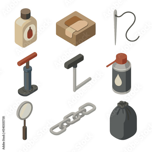 Punching Bag Maintenance Icons. Isometric Flat icon set of punching bag maintenance: leather cleaner, patch kit, needle and thread