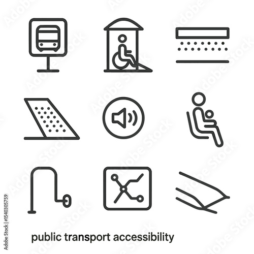 Public Transport Icons. Outline icon set of public transport accessibility: bus stop sign, shelter ramp, raised platform edge,