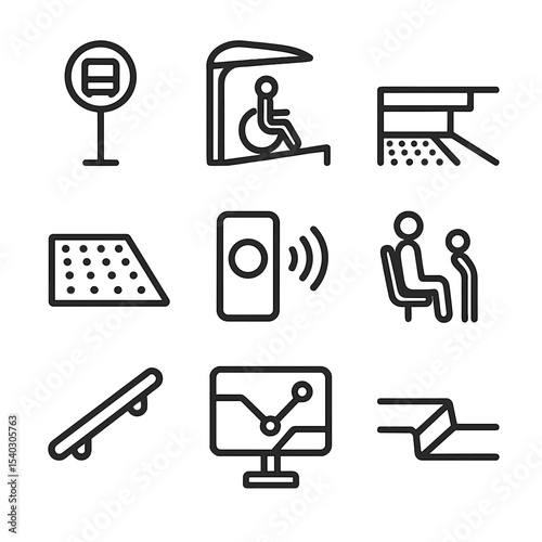 Public Transport Icons. Outline icon set of public transport accessibility: bus stop sign, shelter ramp, raised platform edge,