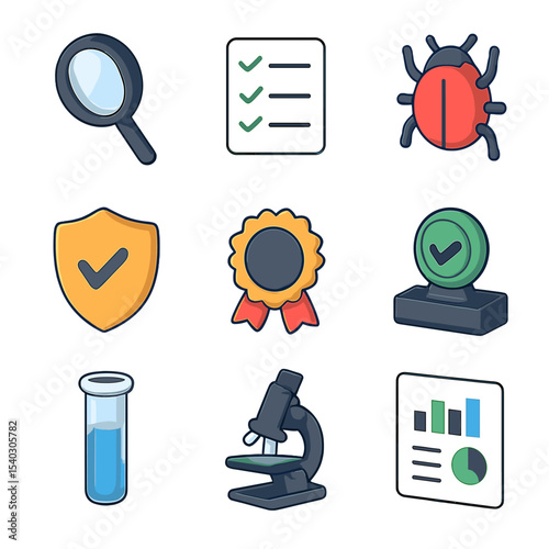 Quality Assurance Icons. Isometric Flat icon set of quality assurance crowdsourcing: magnifying glass, checklist, bug icon, shield