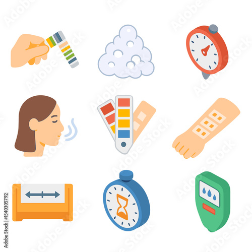 Quality Testing Icons. Isometric Flat icon set of quality testing: pH test strip, lather foam, hardness gauge, scent sniffing,