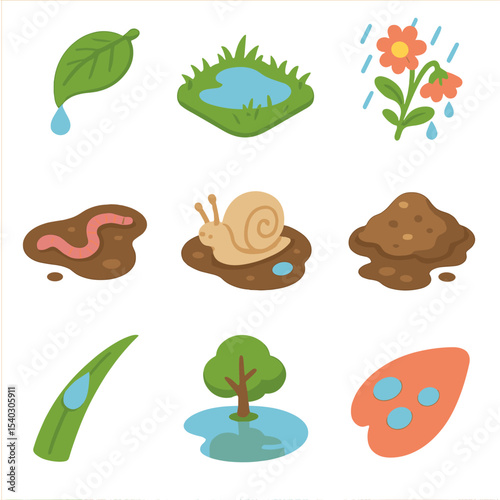Rainy Day Icons. Isometric Flat icon set of rainy-day nature: dripping leaf, puddle in grass, rain-soaked flowers, snail on wet