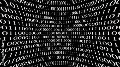binary code animation on abstract white illuminated background, computer language in motion for illustration of coding big data...