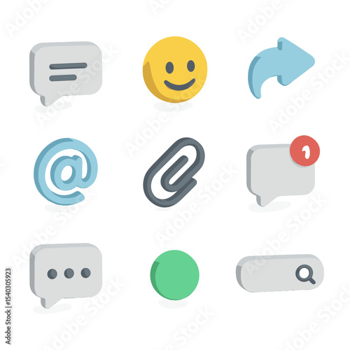 Real-Time Messaging Icons. Isometric Flat icon set of real-time messaging platforms: chat bubble, emoji reaction, thread reply,