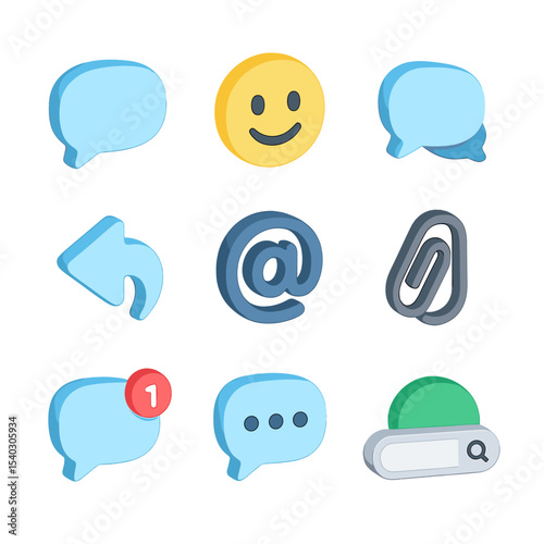 Real-Time Messaging Icons. Isometric Flat icon set of real-time messaging platforms: chat bubble, emoji reaction, thread reply,