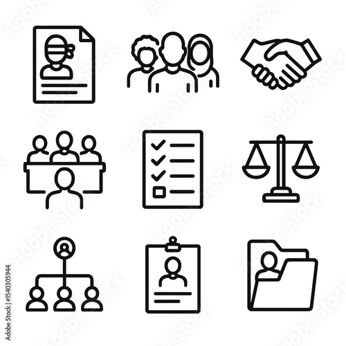 Recruitment Icon Set. Outline icon set of recruitment best practices: blind resume, diverse group, handshake, interview panel,