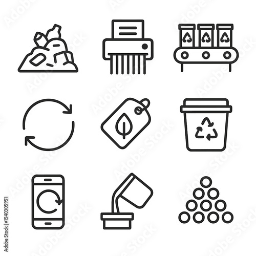 Recycling Icon Set. Outline icon set of recycling and reuse: scrap pile, shredder, sorting conveyor, melting pot, closed-loop