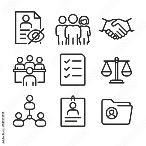 Recruitment Icon Set. Outline icon set of recruitment best practices: blind resume, diverse group, handshake, interview panel,