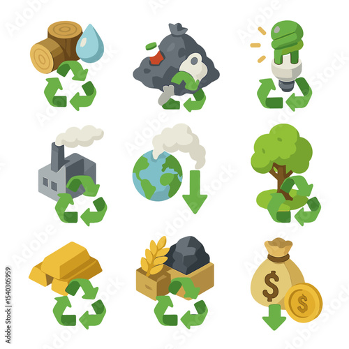 Recycling Benefits Icons. Isometric Flat icon set of recycling benefits: conserve resources, reduce landfill, save energy, lower