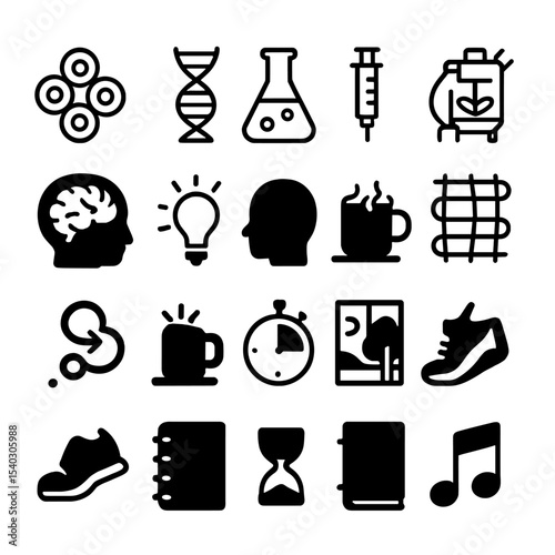 Regenerative Medicine Icons. Outline icon set of regenerative medicine: stem cell cluster, DNA helix, lab flask, syringe, petri