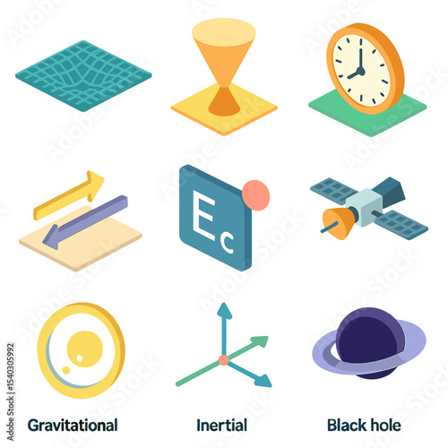 Relativity Icon Set. Isometric Flat icon set of relativity theory illustrations: spacetime grid, light cone, twin paradox clock,